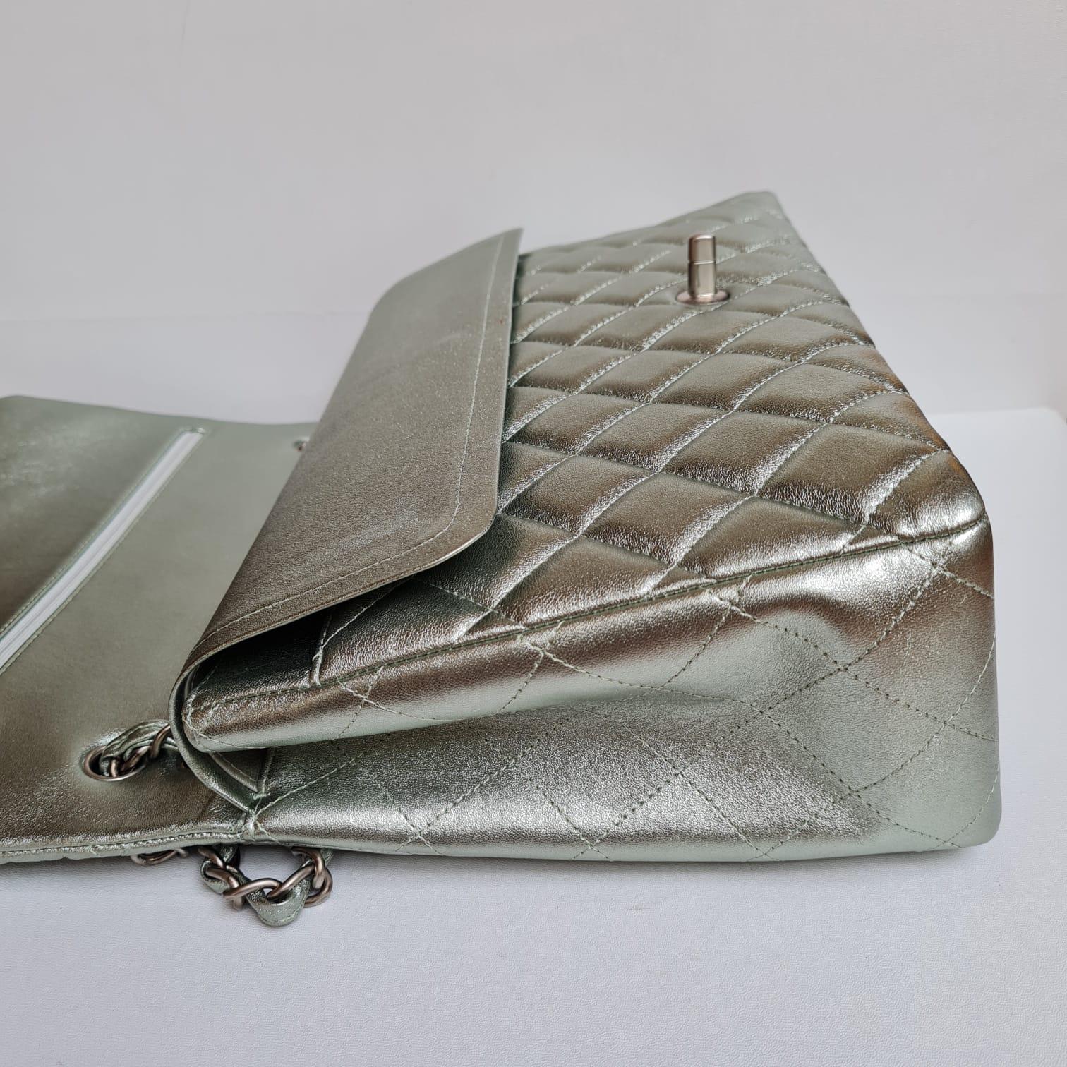 Chanel Silver Metallic Lambskin Quilted Maxi Double Flap Bag 2