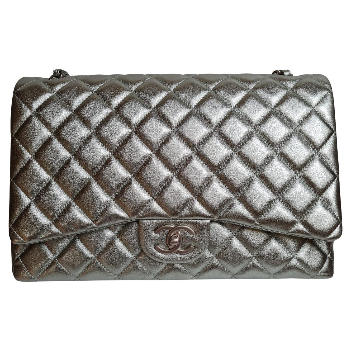 Chanel Silver Metallic Lambskin Quilted Maxi Double Flap Bag at