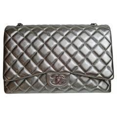Chanel Silver Metallic Lambskin Quilted Maxi Double Flap Bag