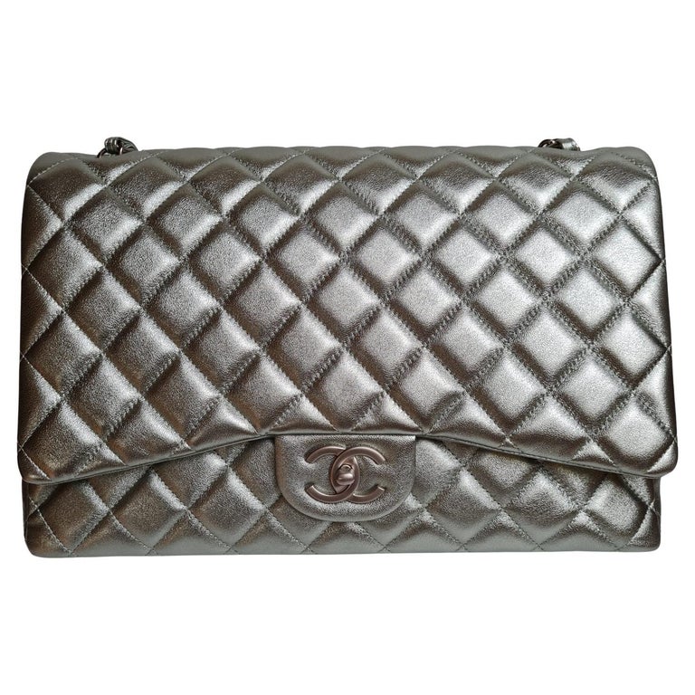 Chanel Silver Metallic Lambskin Quilted Maxi Double Flap Bag at 1stDibs