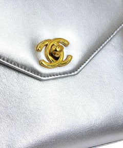 Chanel Silver Metallic Leather Gold Small Kelly Top Handle Satchel Bag in Box