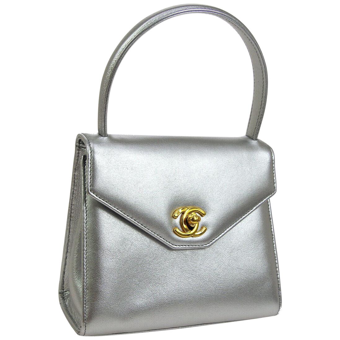 Chanel Silver Metallic Leather Gold Small Kelly Top Handle Satchel Bag in Box