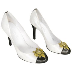 Chanel Silver Metallic Leather High Heel Pumps With Black Cap Toes