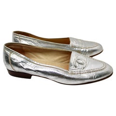 Chanel Silver Metallic Leather Interlocking CC Logo Loafers circa 1990s
