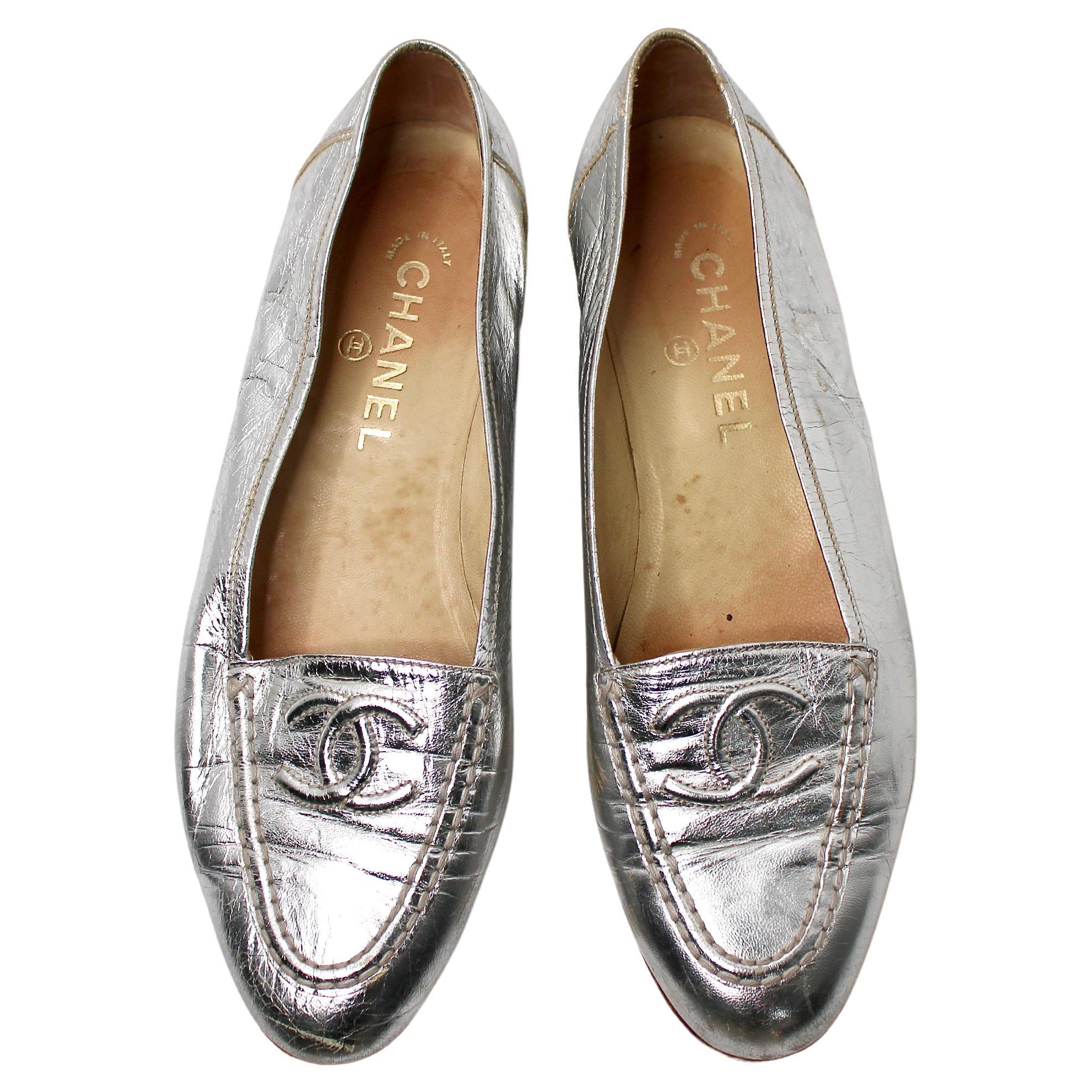 Chanel Silver Metallic Leather Interlocking CC Logo Loafers circa 1990s