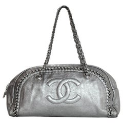 Chanel Silver Metallic Leather Medium Luxe Ligne CC Bowler Shoulder Bag