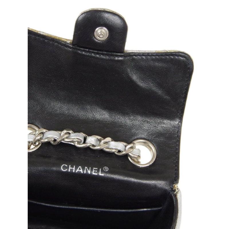 Women's CHANEL Silver Metallic Leather Micro Mini Evening Pouch Pochette Chain Belt Bag