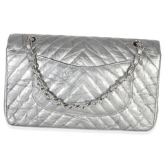 Chanel Silver Metallic Patent Crumpled Calfskin Chevron Medium Double Flap Bag