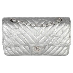 Chanel Silver Metallic Patent Crumpled Calfskin Chevron Medium Double Flap Bag