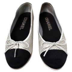 Chanel Silver Metallic PVC Woven Grosgrain Black Cap Toe Ballet Flats
