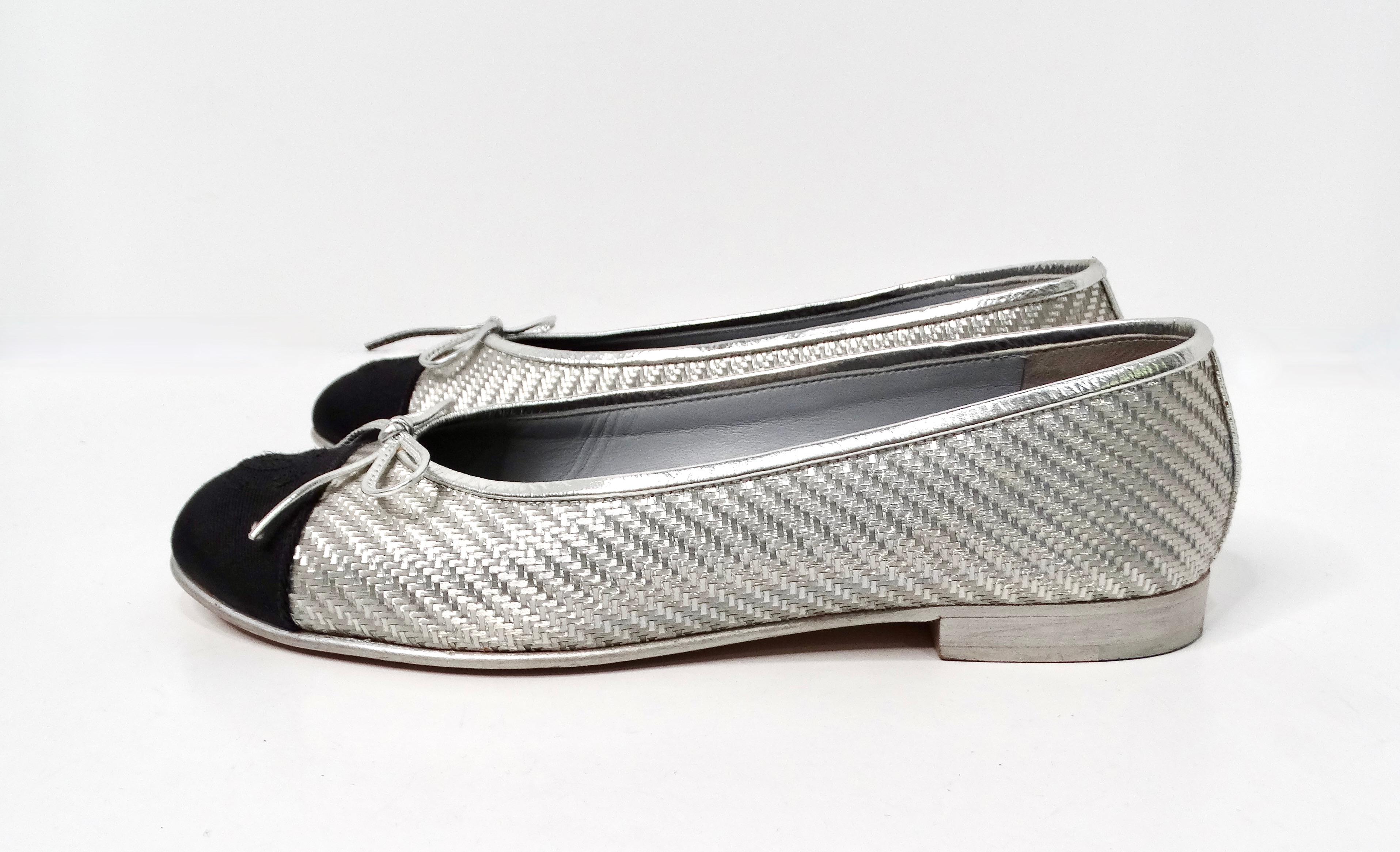 Gray Chanel Silver Metallic PVC Woven Grosgrain Black Cap Toe Ballet Flats For Sale