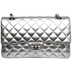 Chanel Silver Metallic Quilted Lambskin Jumbo Classic Double Flap Bag
