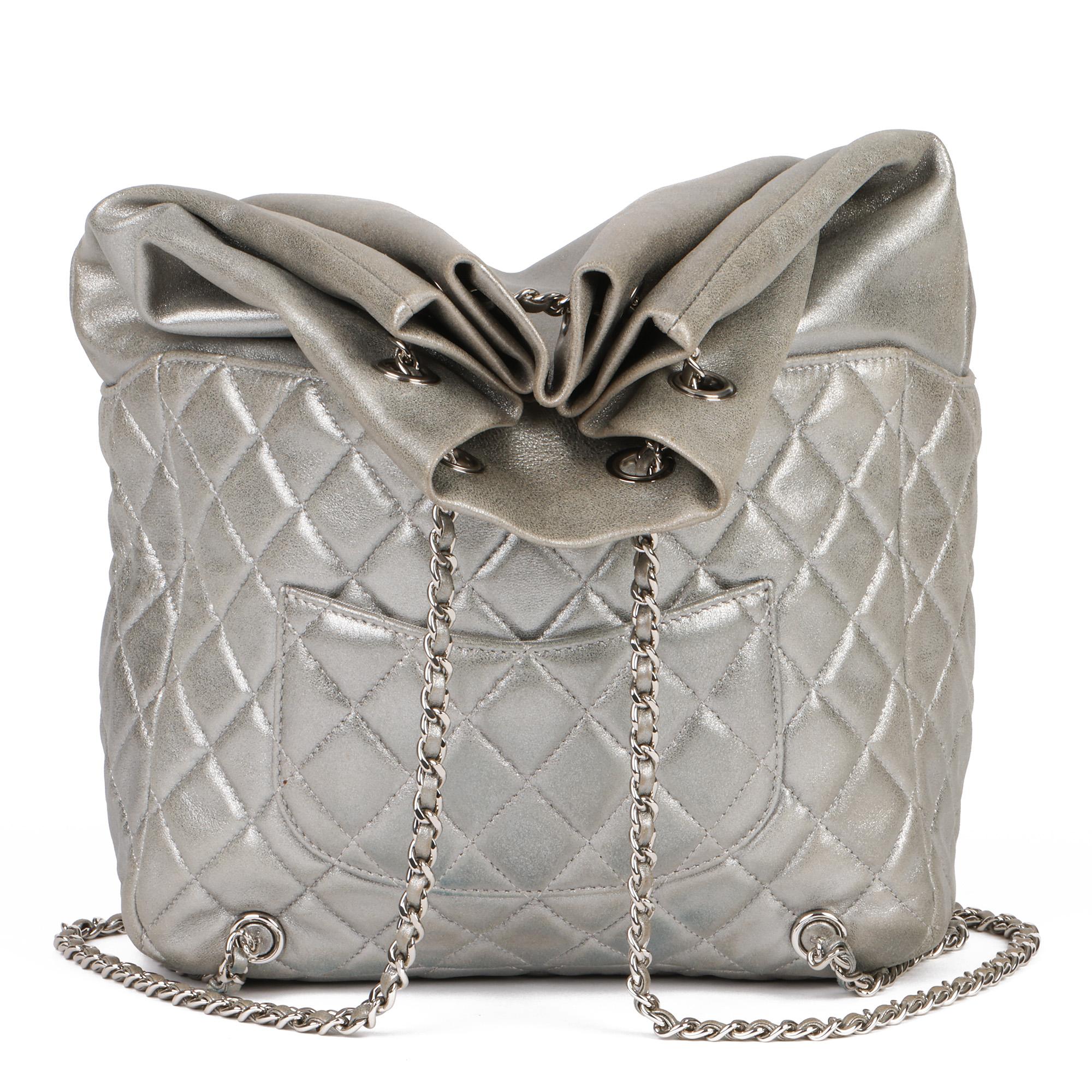 Chanel Silver Metallic Quilted Lambskin Leather Seoul Backpack In Excellent Condition In Bishop's Stortford, Hertfordshire
