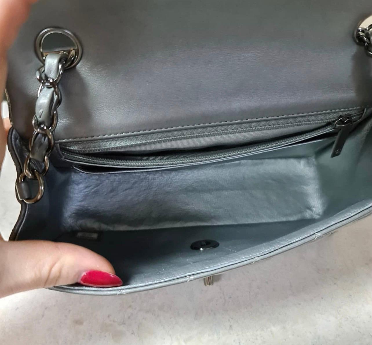 Chanel Silver Metallic Quilted Lambskin Rectangular Mini Flap Bag 6