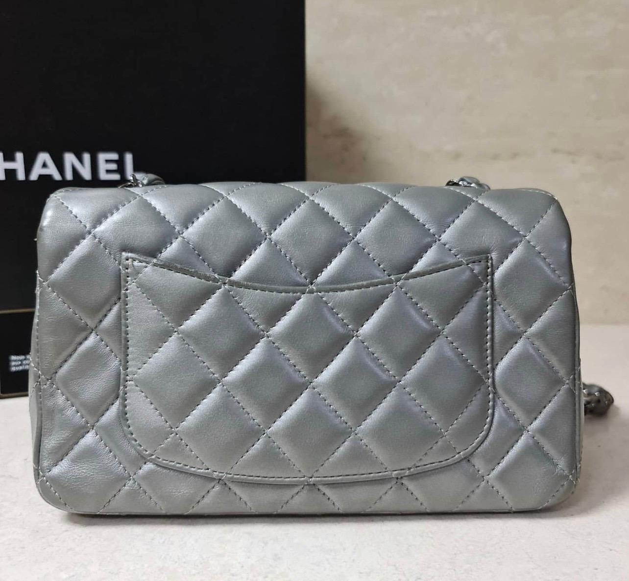 Chanel Silver Metallic Quilted Lambskin Rectangular Mini Flap Bag 1
