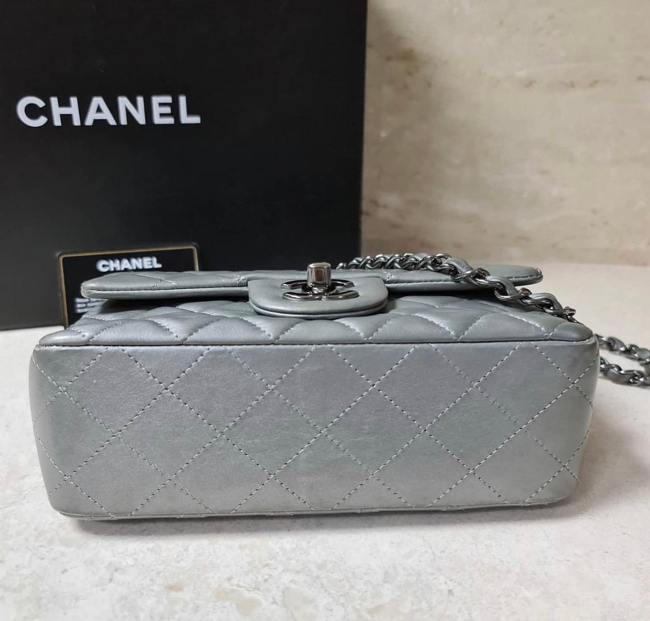 Chanel Silver Metallic Quilted Lambskin Rectangular Mini Flap Bag 3