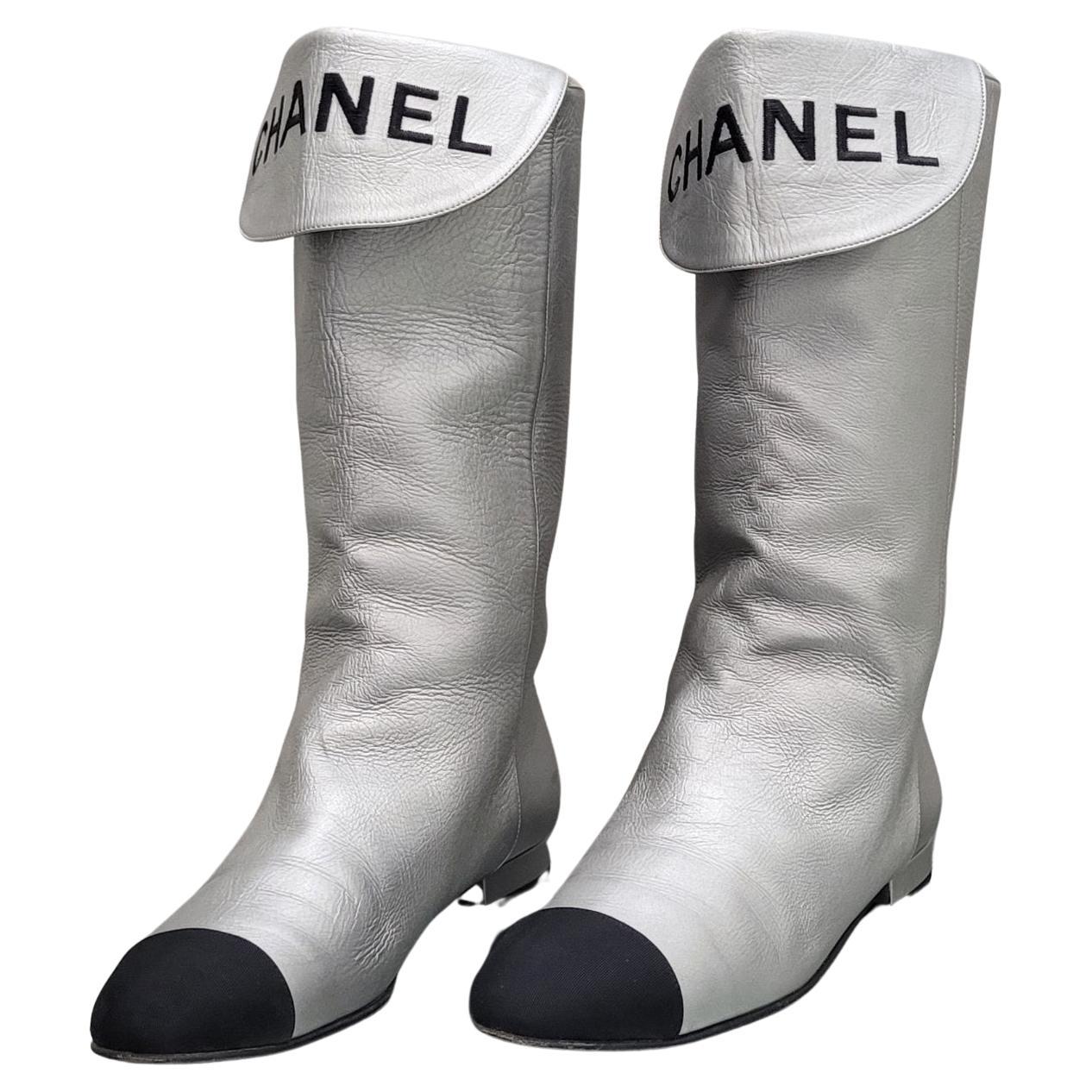 Chanel Silver Mid Calf Boots For Sale