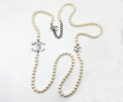 Chanel Silver Mini Flower Crystal CC Pearl Necklace