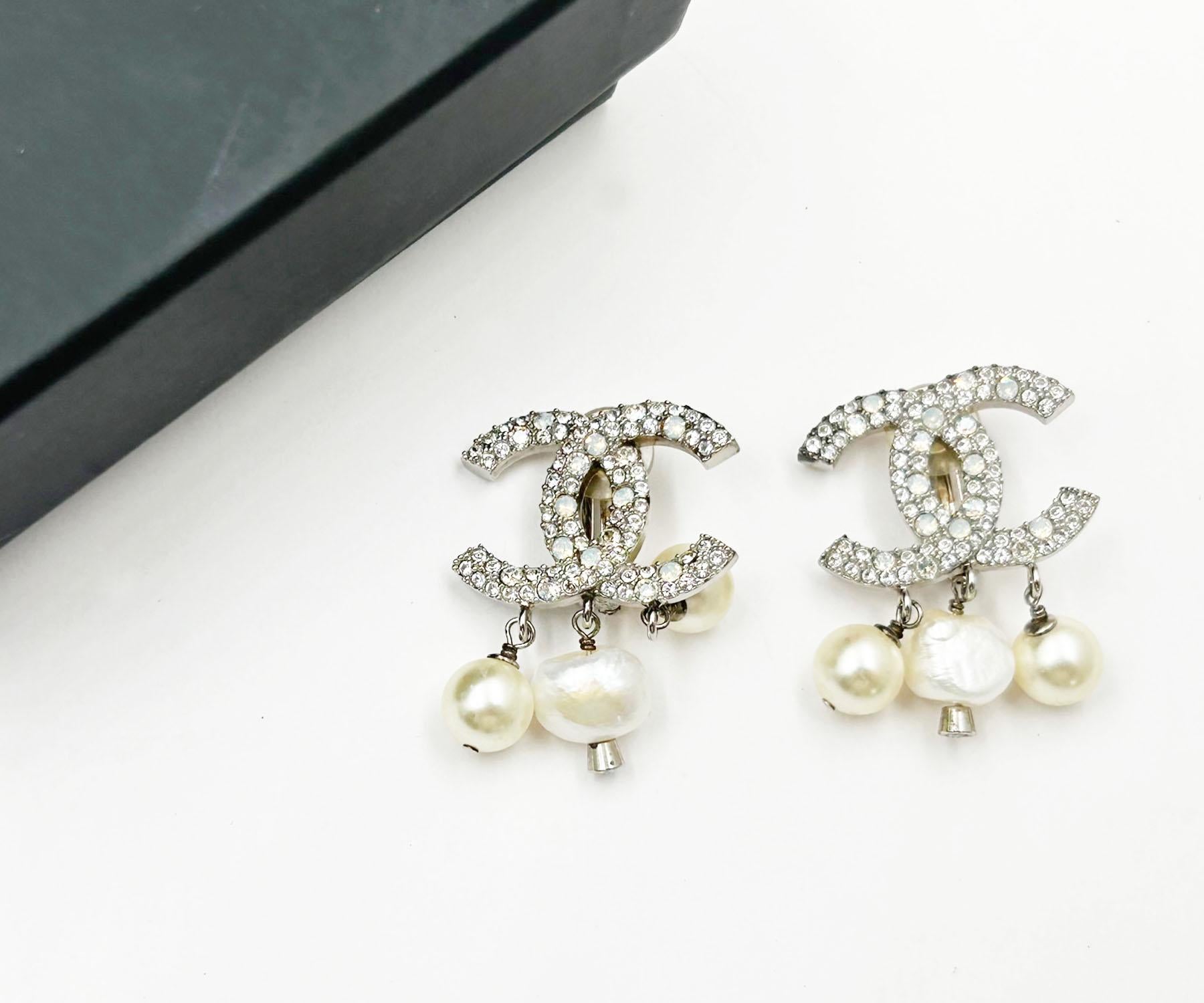 Artisan Chanel Silver Opal CC Fresh Water Pearl Dangle Clip on Earrings 