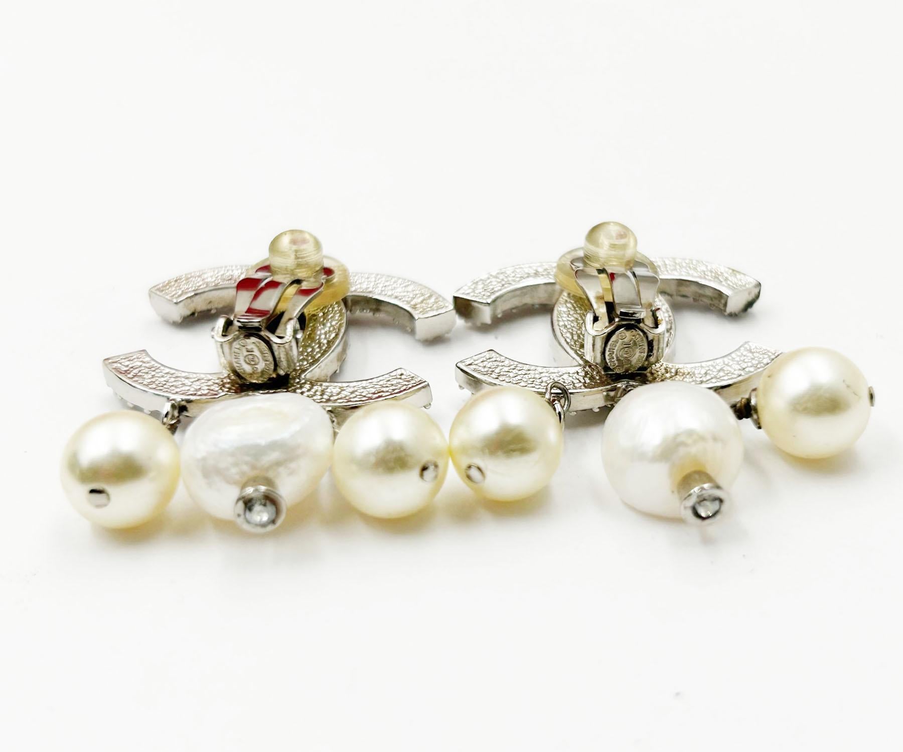 Women's Chanel Silver Opal CC Fresh Water Pearl Dangle Clip on Earrings 