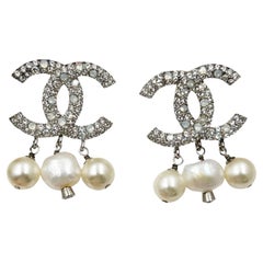 Chanel Silver Opal CC Fresh Water Pearl Dangle Clip on Earrings 