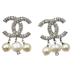Chanel Silver Opal CC Fresh Water Pearl Dangle Clip on Earrings