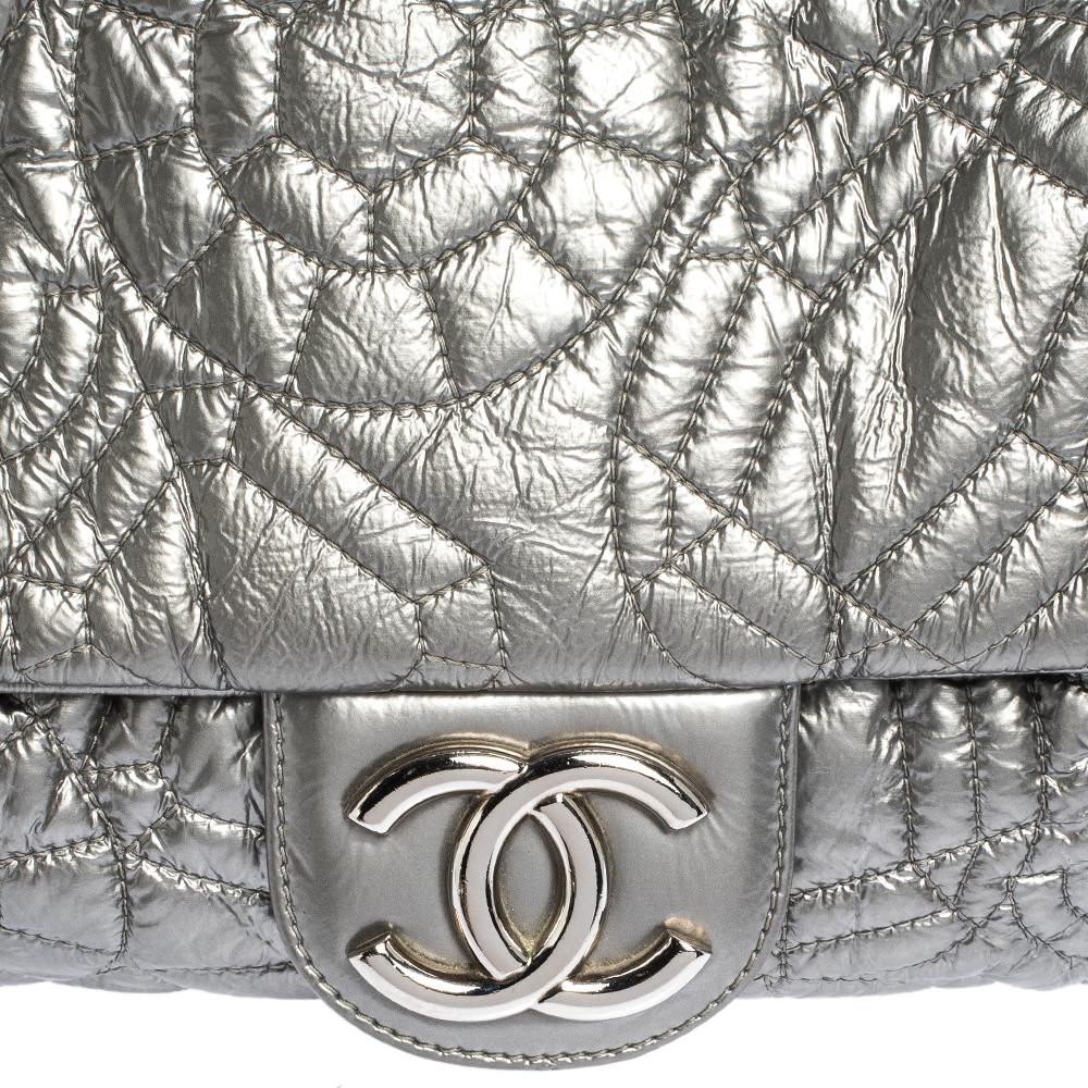Chanel Silver Patent Vinyl Graphic Edge Single Flap Bag 6