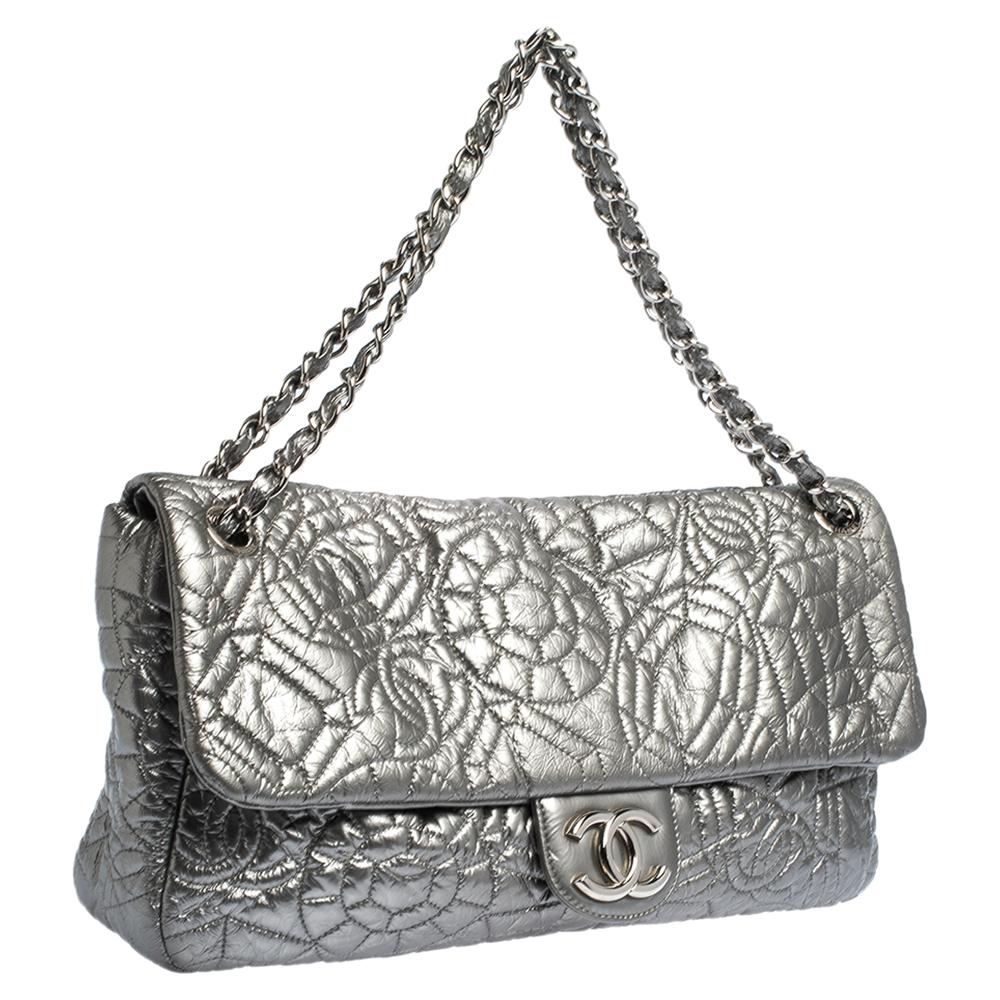 Women's Chanel Silver Patent Vinyl Graphic Edge Single Flap Bag