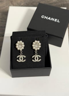CHANEL Silver Pearl & Crystal CC Dangle Earrings