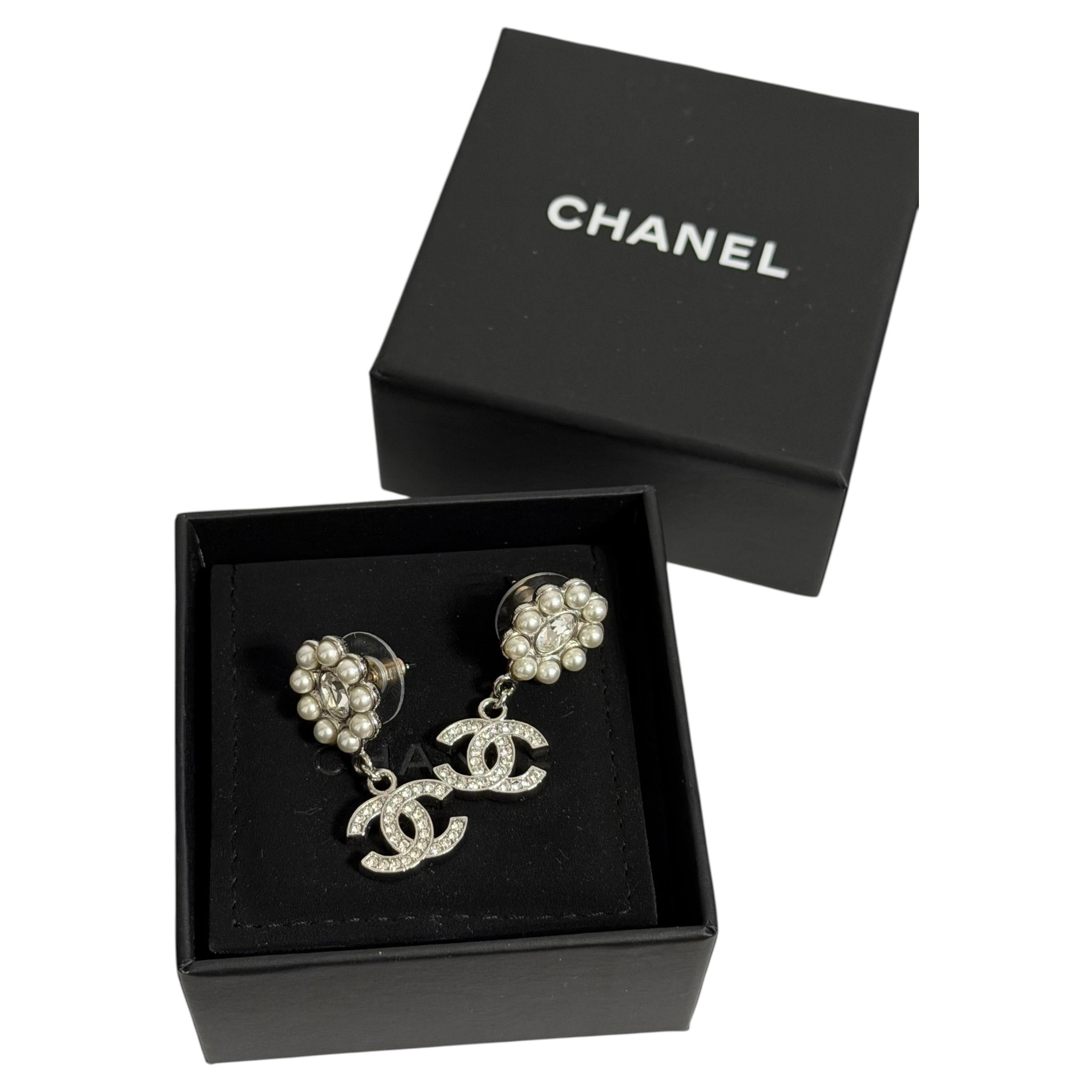 CHANEL Silver Pearl & Crystal CC Dangle Earrings For Sale