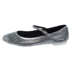Chanel Silver Perforated Leather Cap Toe Ankle Strap Ballet Flats Size 38