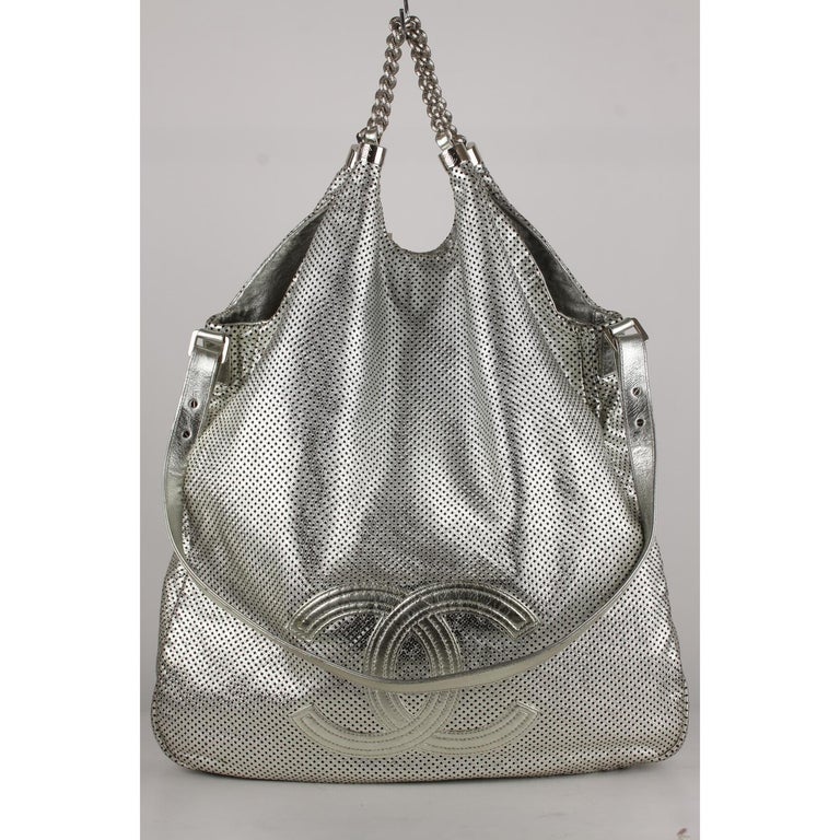 Chanel Silver Perforated Leather Large Rodeo Drive Hobo Bag For Sale at 1stdibs