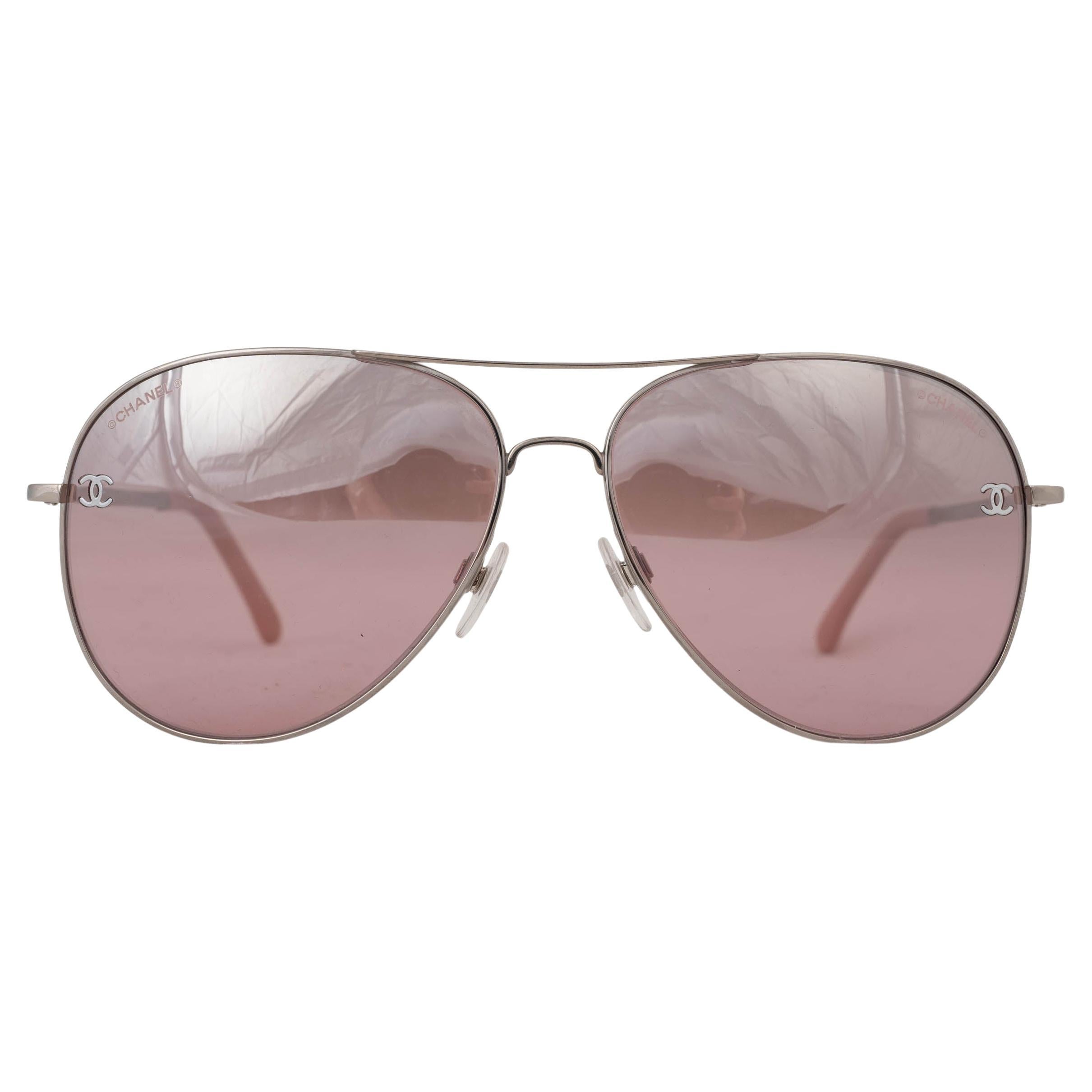 CHANEL silver & pink PILOT AVIATOR Sunglasses 4189-T-C