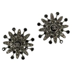 Chanel Silver Plated Earrings Paved with Rhinestones
