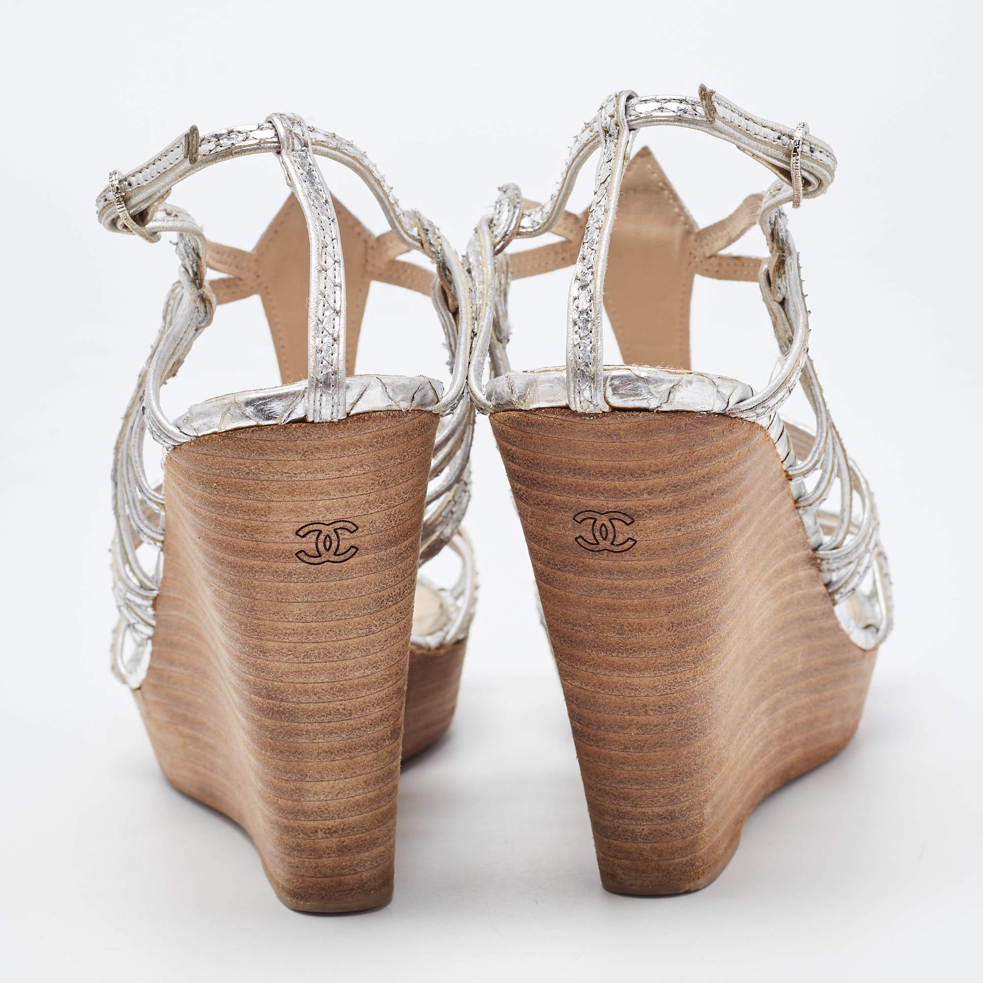 Beige Chanel Silver Python Embossed Wedge Sandals Size 37.5