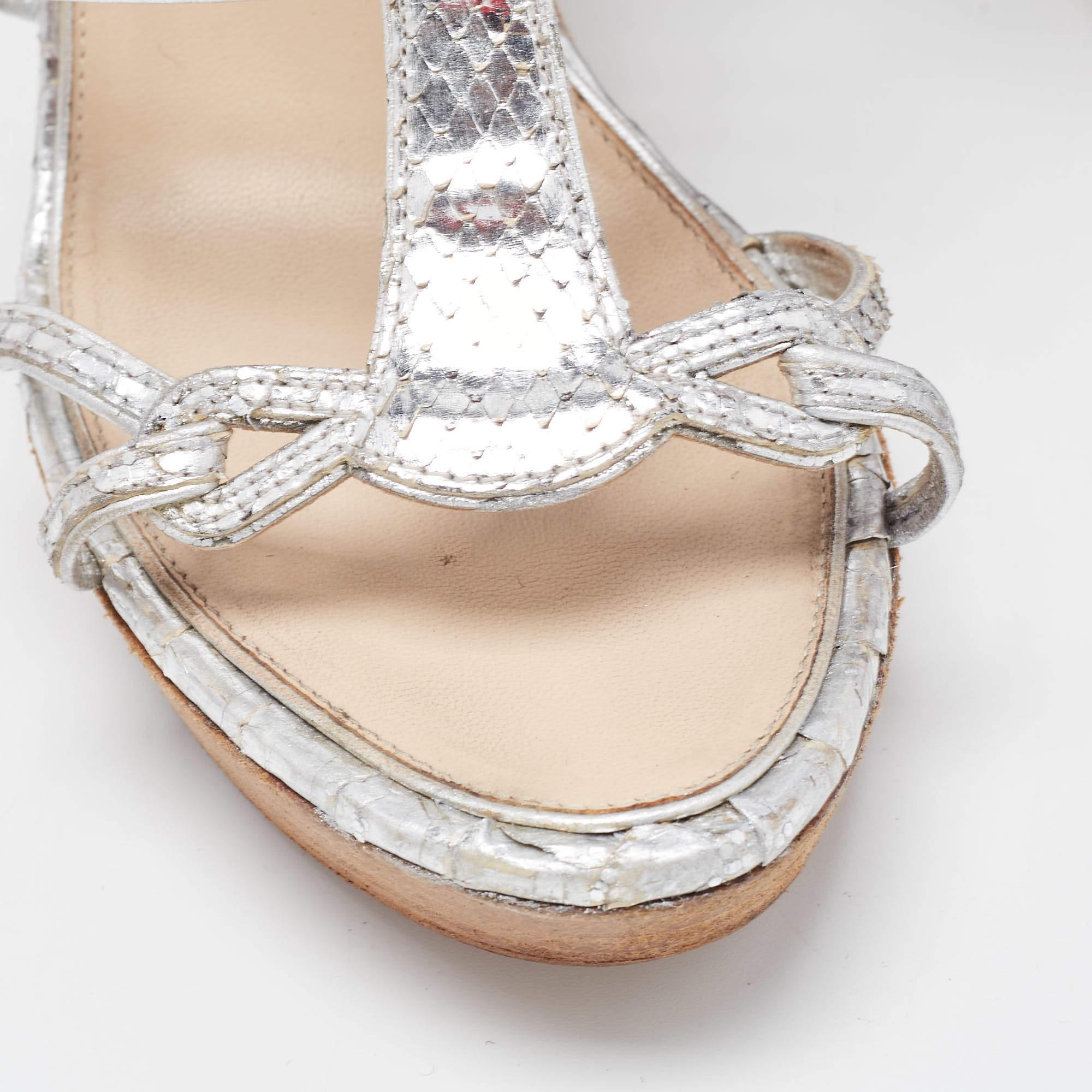 Chanel Silver Python Embossed Wedge Sandals Size 37.5 1