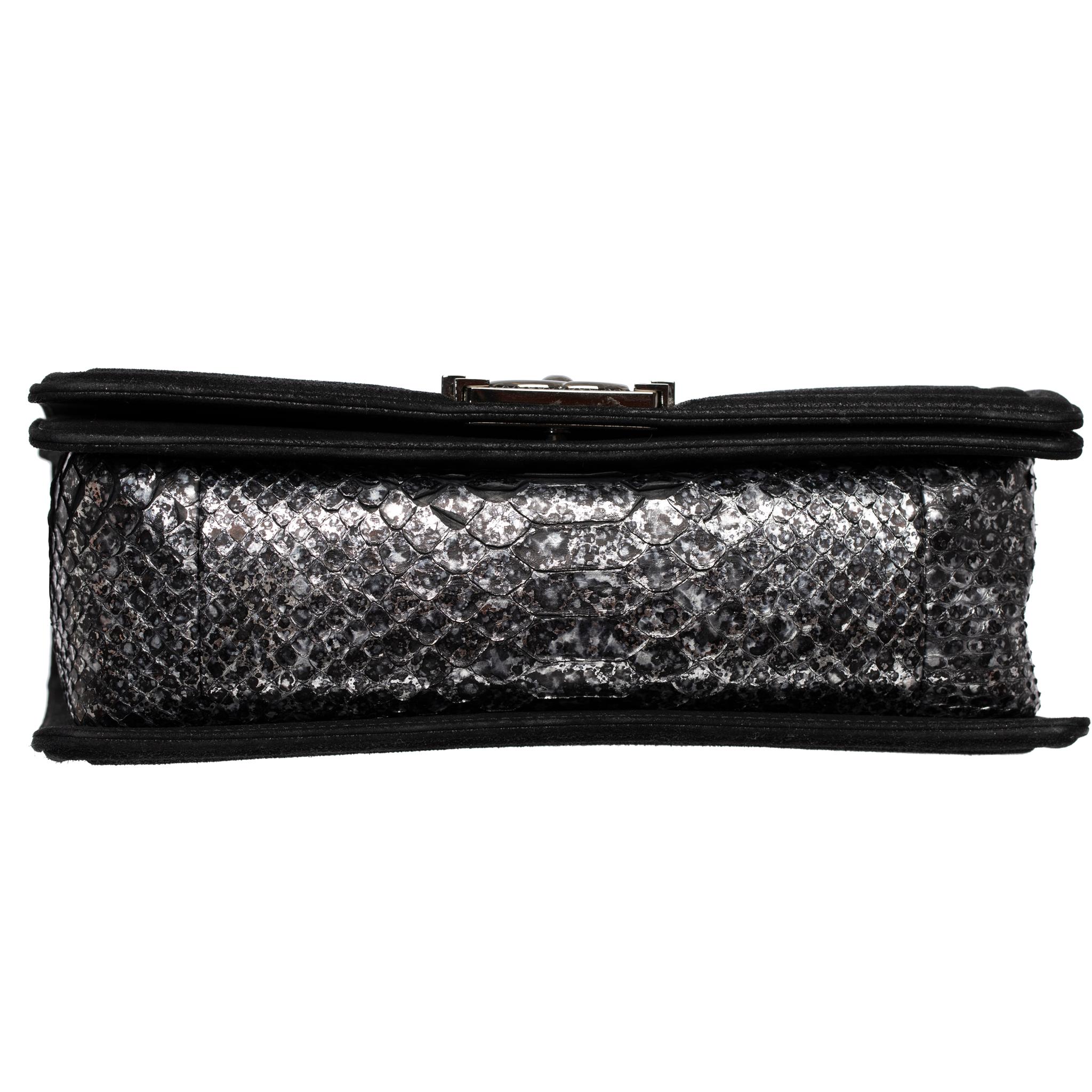 Chanel Silver Python Leather & Black Metallic Goatskin Leather Medium Le Boy For Sale 7