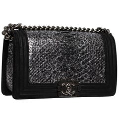 Chanel Silver Python Leather & Black Metallic Goatskin Leather Medium Le Boy