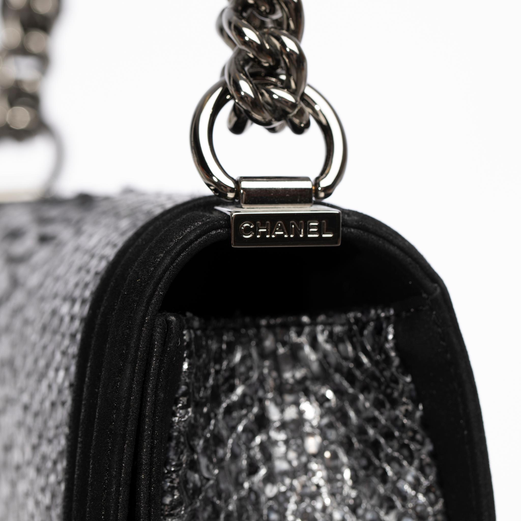 Chanel Silver Python Leather & Black Metallic Goatskin Leather Medium Le Boy In Excellent Condition For Sale In DOUBLE BAY, NSW