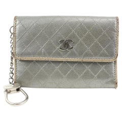 Chanel Silver Quilted Card Wallet Change Purse Key Pouch 44ck224s