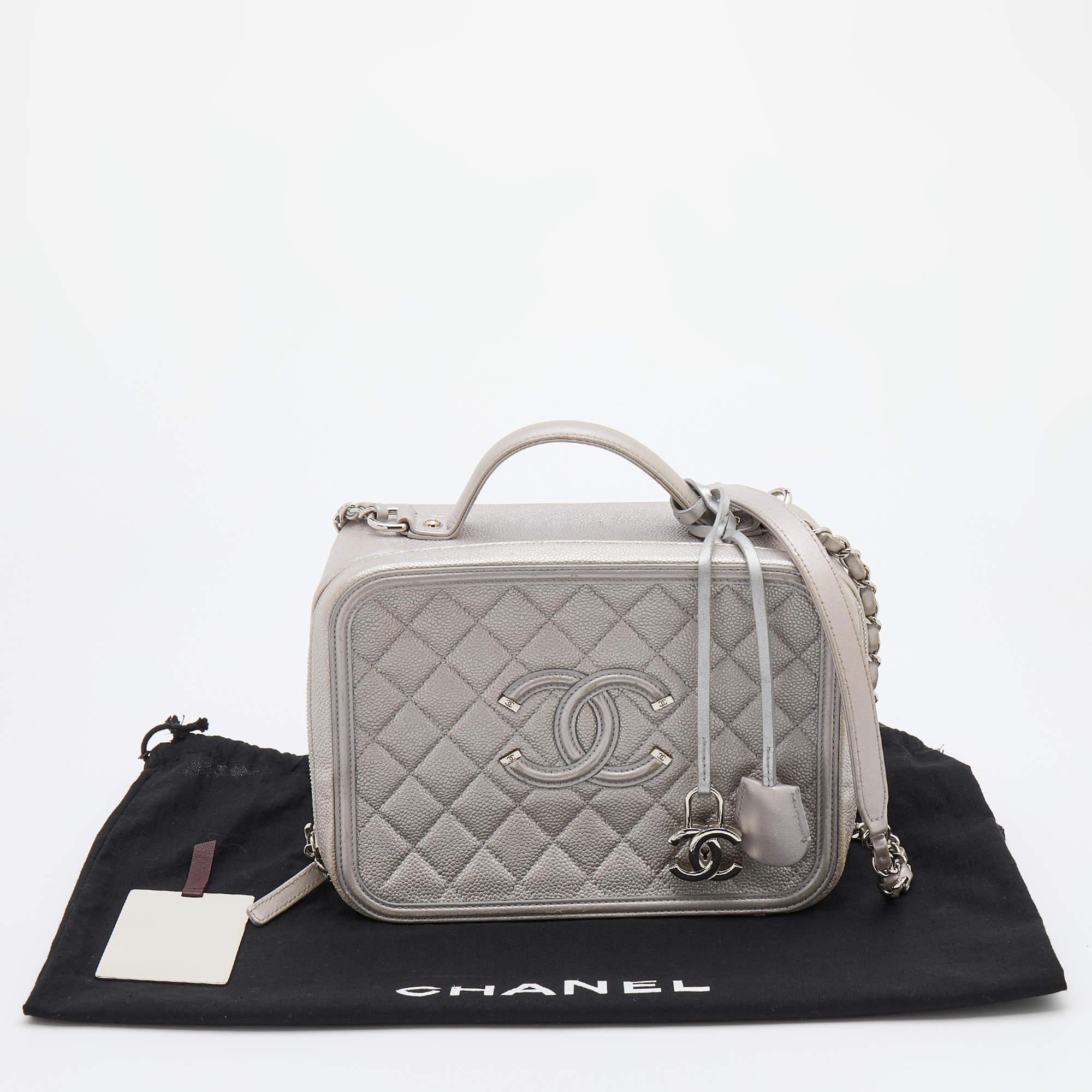 Chanel Silver Quilted Caviar Leather Large Filigree Vanity Bag 9