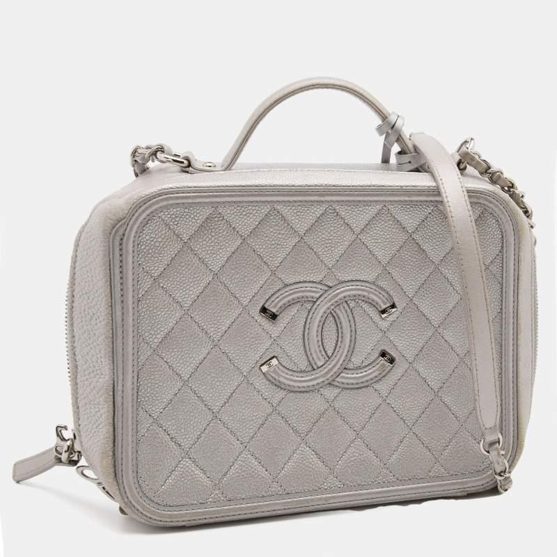 Women's Chanel Silver Quilted Caviar Leather Large Filigree Vanity Bag