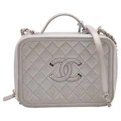 Chanel Silver Quilted Caviar Leather Large Filigree Vanity Bag