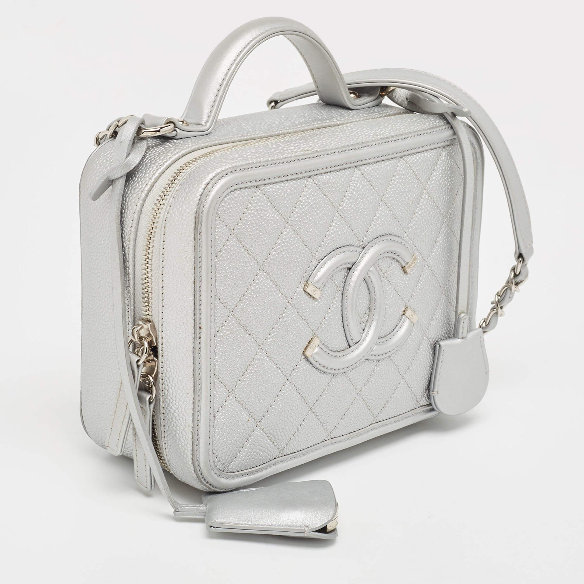 Chanel Silver Quilted Caviar Leather Medium CC Filigree Vanity Case Bag 1
