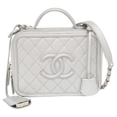 Chanel Silver Quilted Caviar Leather Medium CC Filigree Vanity Case Bag