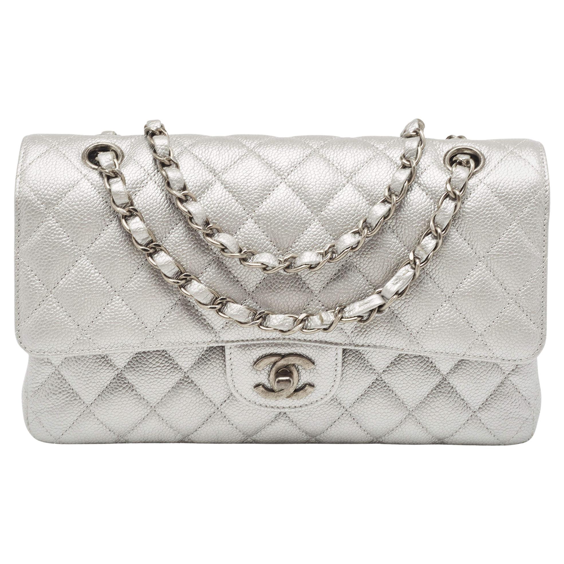 Chanel Silver Quilted Caviar Leather Medium Classic Double Flap Bag For Sale