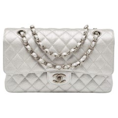Chanel Silver Quilted Caviar Leather Medium Classic Double Flap Bag