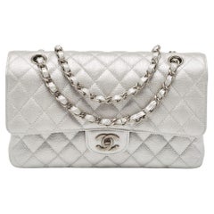 Chanel Silver Quilted Caviar Leather Medium Classic Double Flap Bag