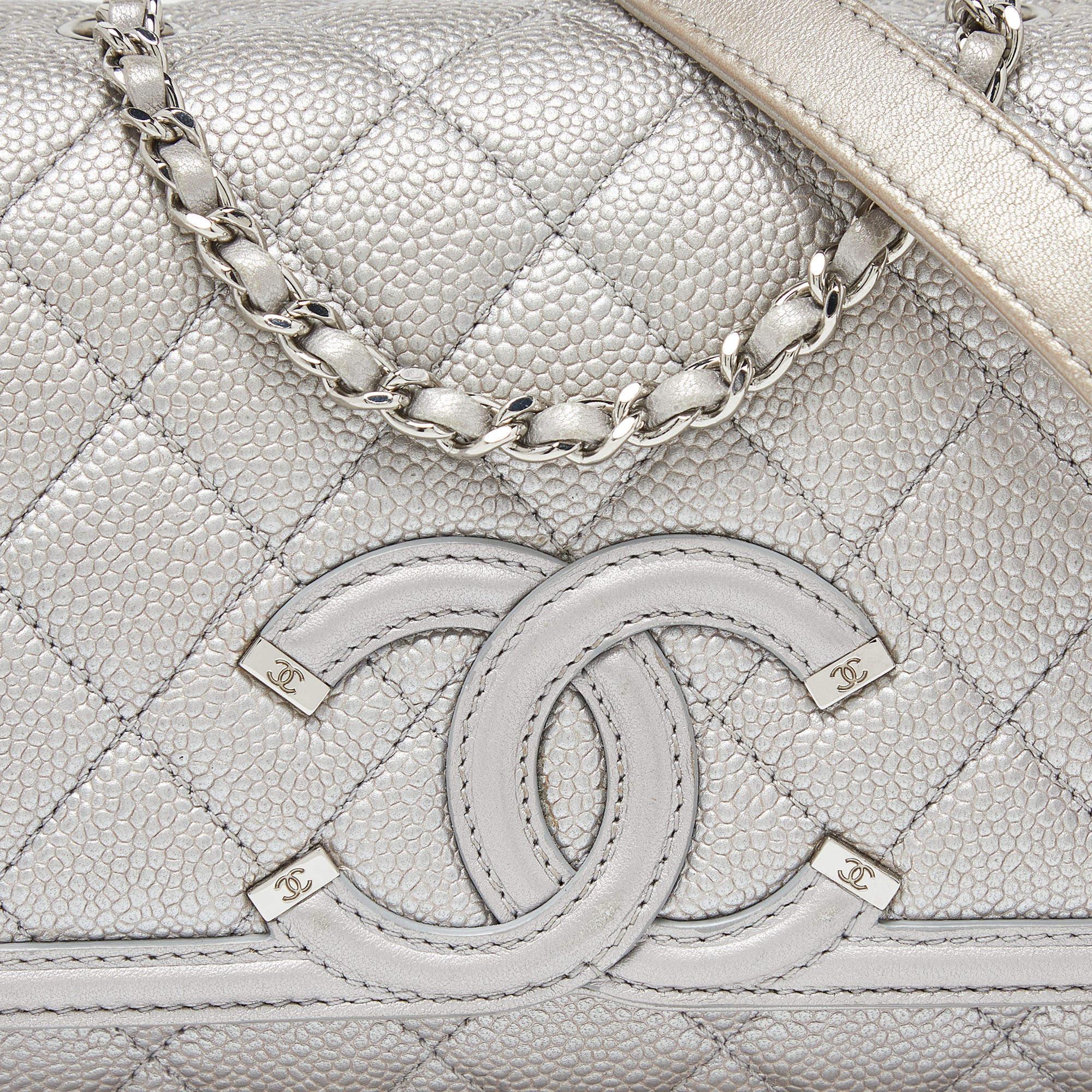 Chanel Silver Quilted Caviar Leather Small CC Filigree Flap Bag 2