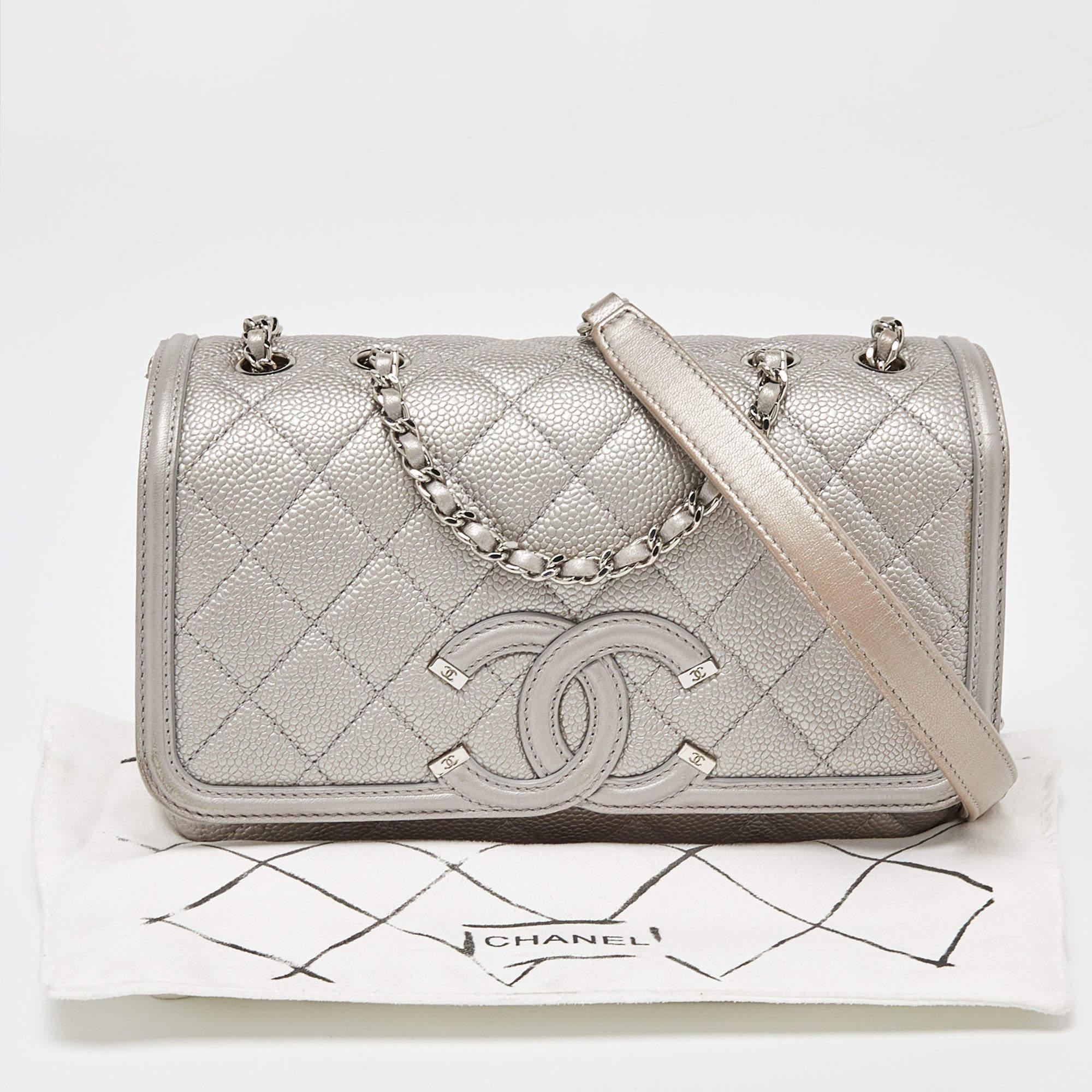 Chanel Silver Quilted Caviar Leather Small CC Filigree Flap Bag 3